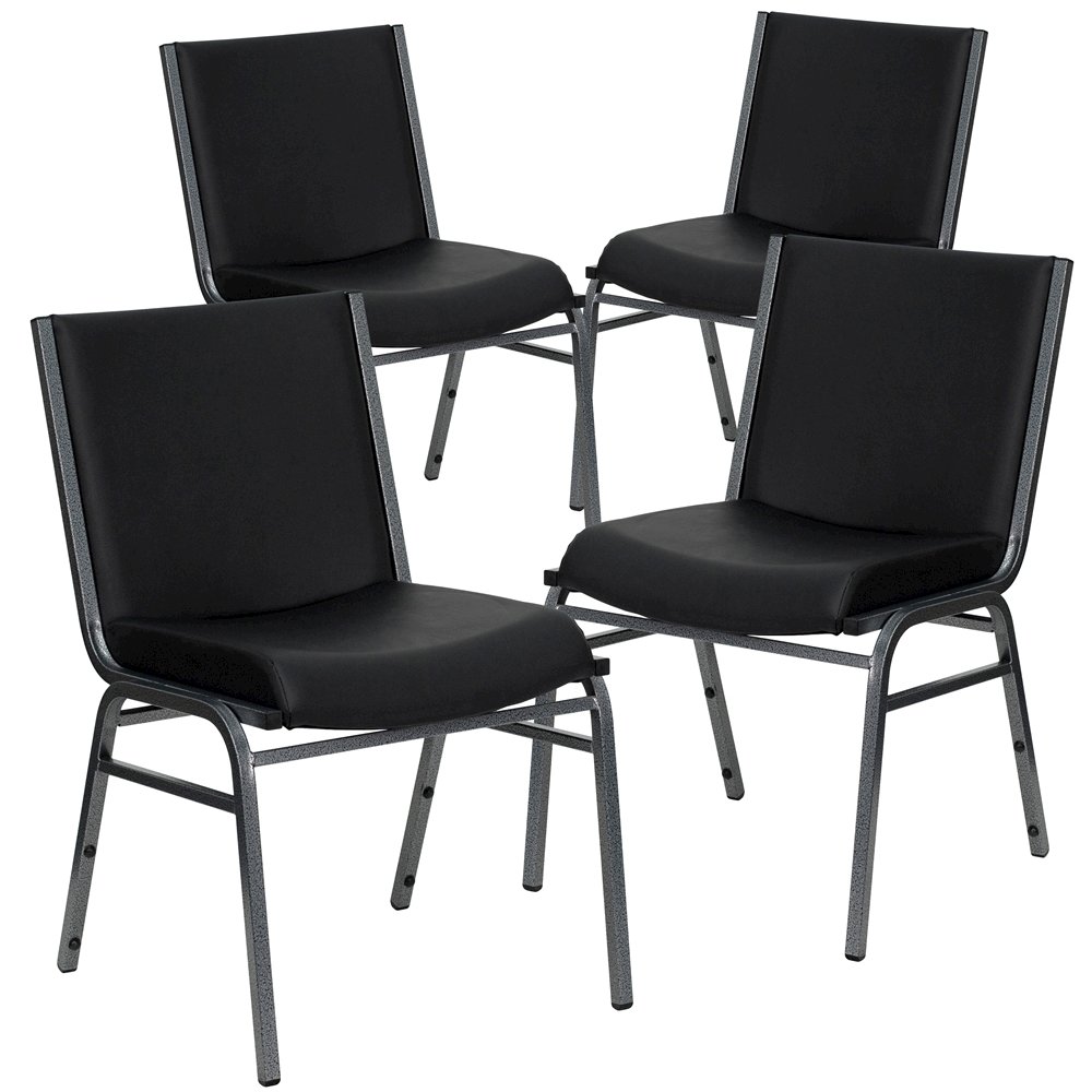 4 Pk. Heavy Duty, 3'' Thickly Padded, Black Vinyl Upholstered Stack Chair. Picture 1