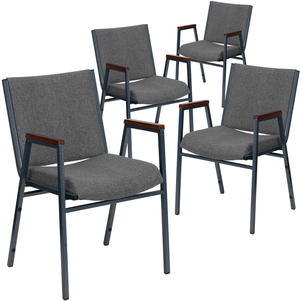 4 Pk. Heavy Duty, 3'' Thickly Padded, Gray Upholstered Stack Chair with Arms. Picture 1