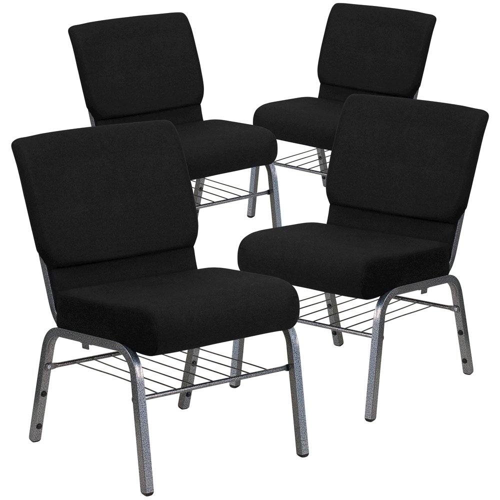 4 Pk. 21'' Black Fabric Church Chair, Book Rack - Silver Vein Frame. Picture 1