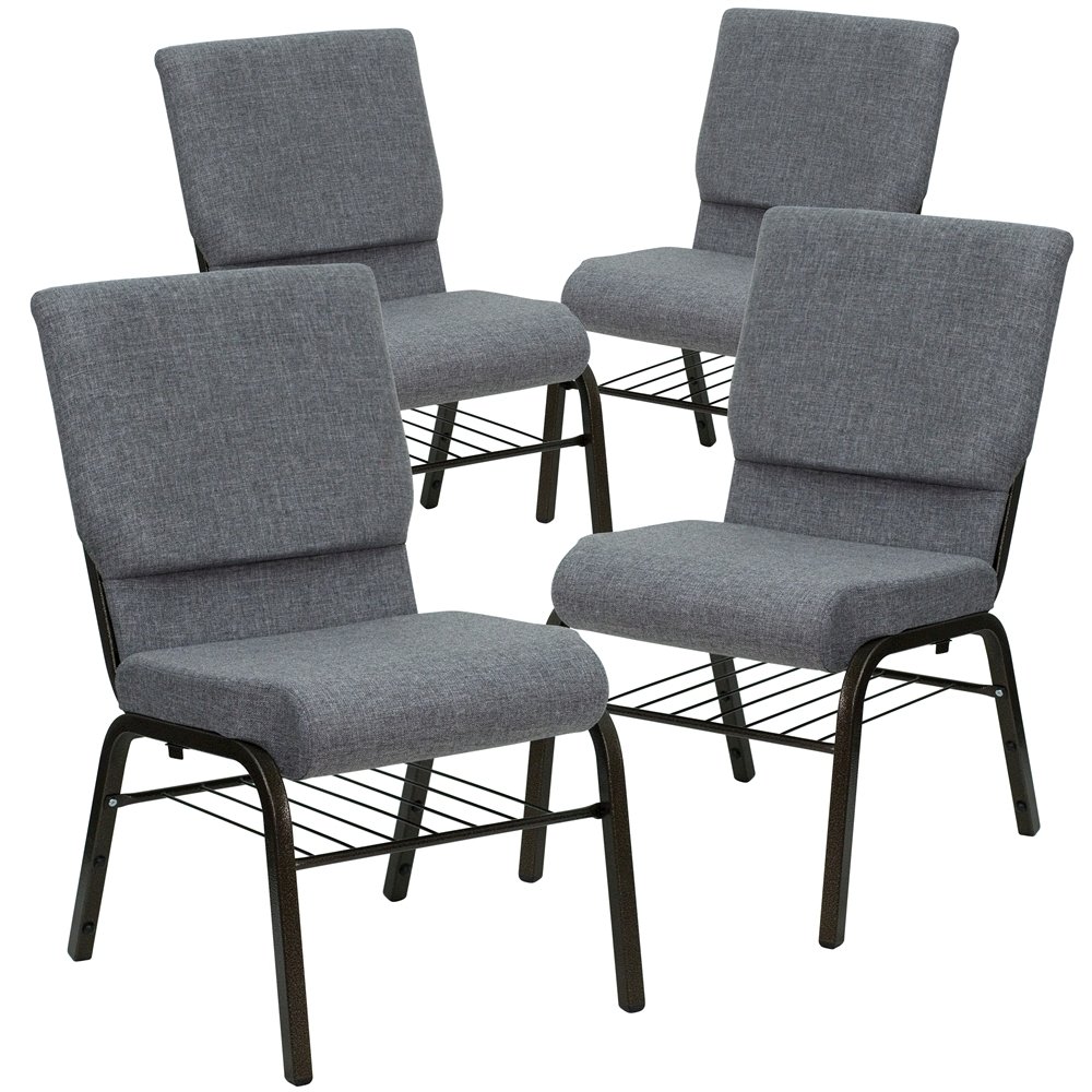 4 Pk. 18.5''W Gray Fabric Church Chair, Book Rack - Gold Vein Frame. Picture 1
