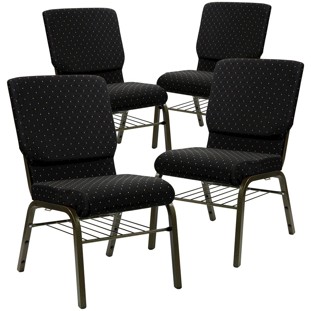 4 Pk. 18.5''W Black Dot Fabric Church Chair, Book Rack - Gold Vein Frame. Picture 1