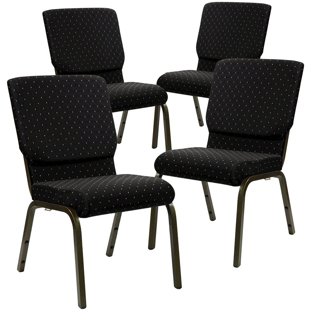 4 Pk. 18.5''W Black Dot Patterned Fabric Stacking Church Chair - Gold Vein Frame. Picture 1