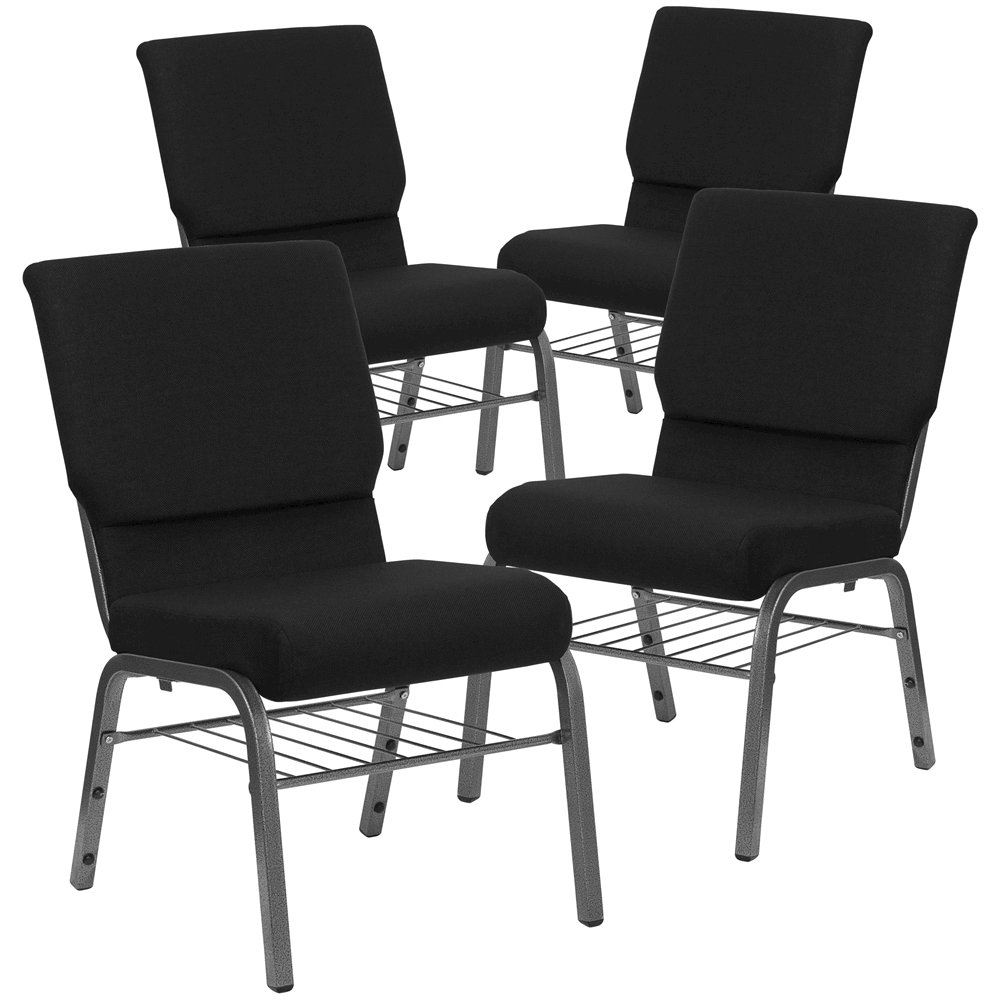 4 Pk. 18.5''W Black Fabric Church Chair, Book Rack - Silver Vein Frame. Picture 1