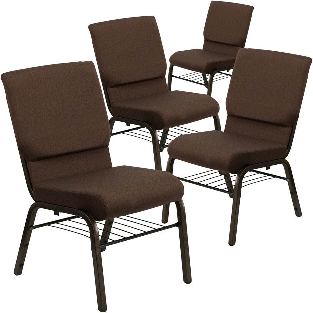 4 Pk. 18.5''W Brown Fabric Church Chair, Book Rack - Gold Vein Frame. Picture 1