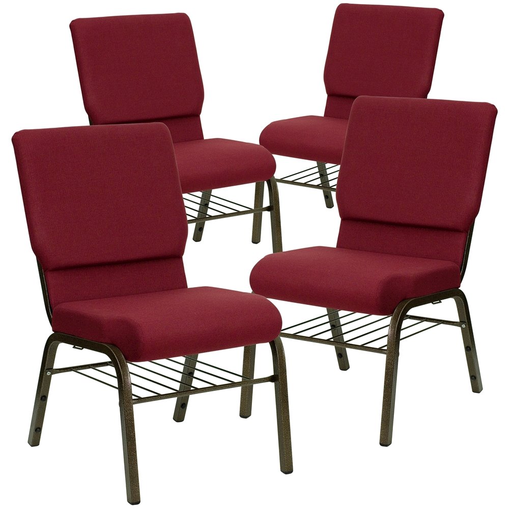 4 Pk. 18.5''W Burgundy Fabric Church Chair, Book Rack - Gold Vein Frame. Picture 1