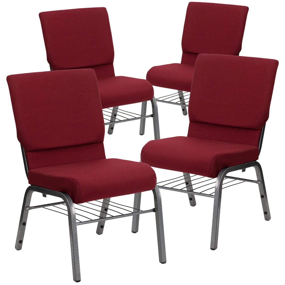 4 Pk. 18.5''W Burgundy Fabric Church Chair, Book Rack - Silver Vein Frame. Picture 1