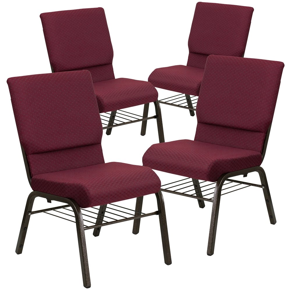4 Pk. 18.5''W Burgundy Fabric Church Chair, Book Rack - Gold Vein Frame. Picture 1