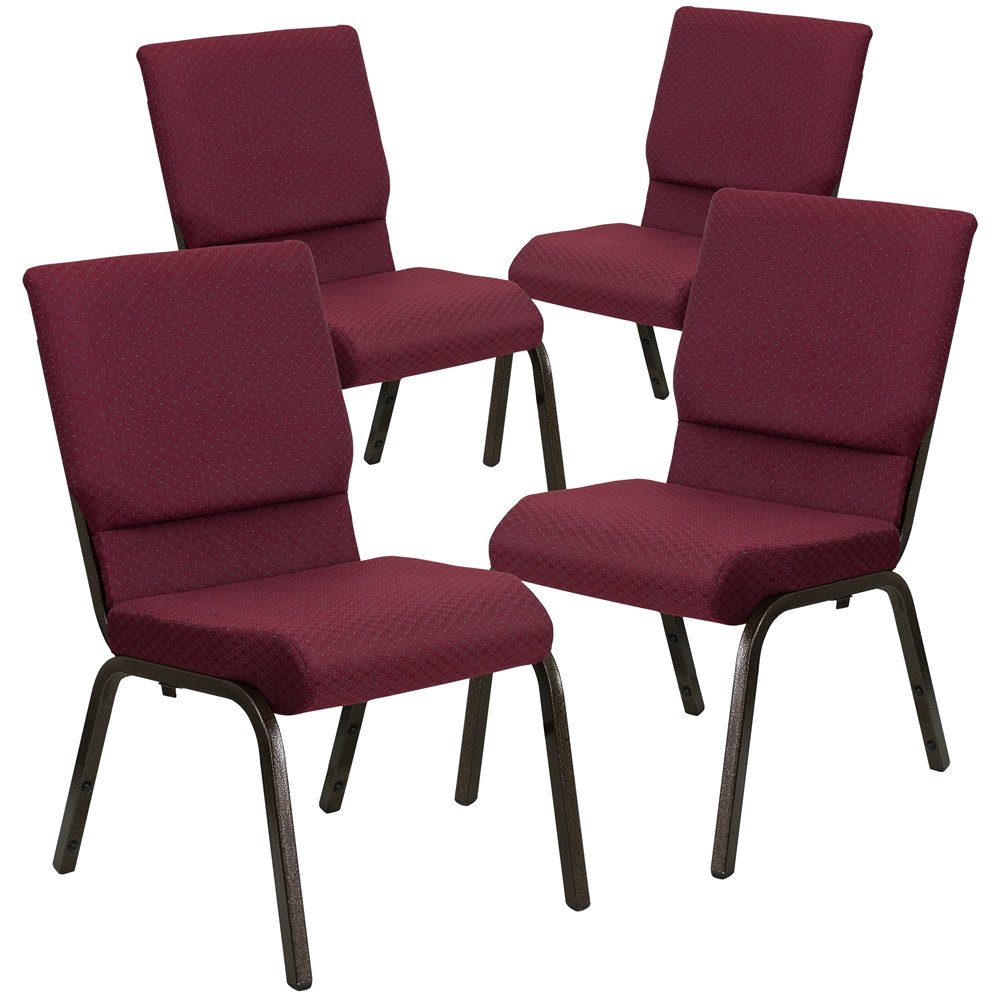4 Pk. 18.5''W Burgundy Patterned Fabric Stacking Church Chair - Gold Vein Frame. Picture 1