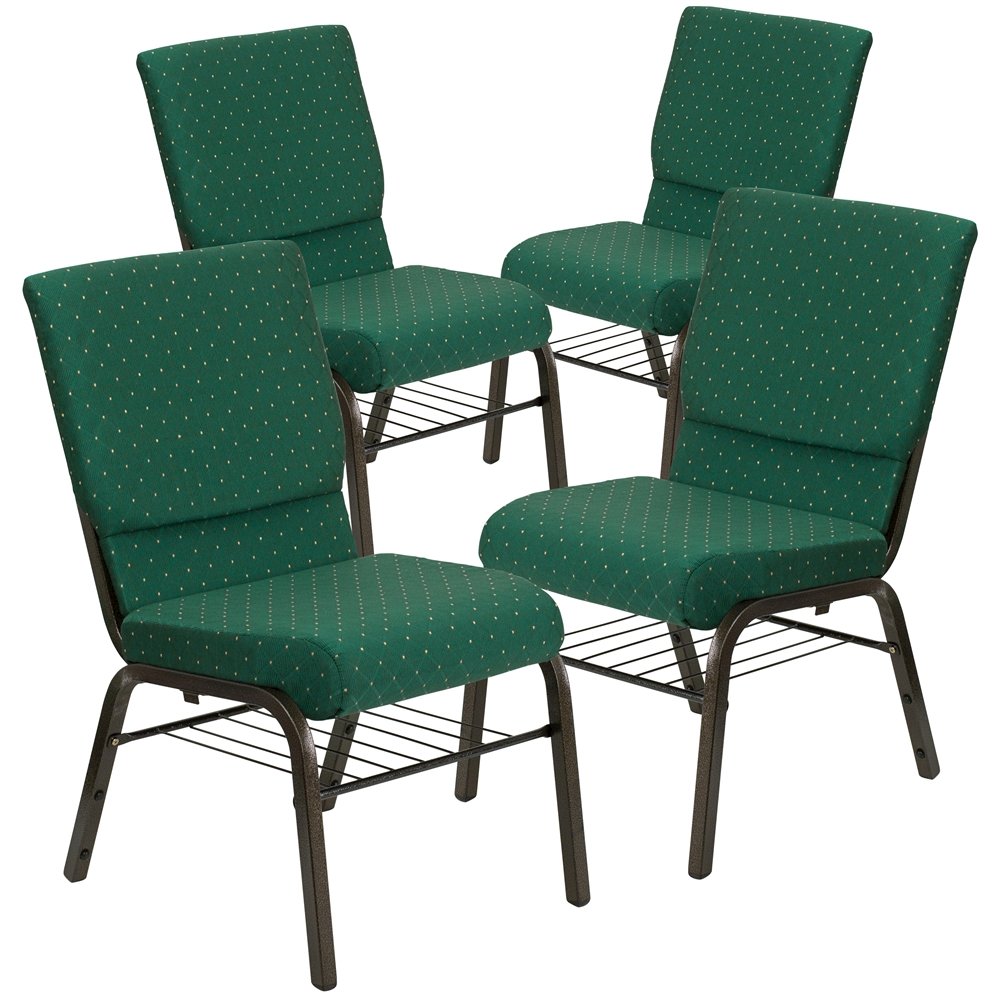 4 Pk. 18.5''W Green Patterned Fabric Church Chair, Book Rack - Gold Vein Frame. Picture 1