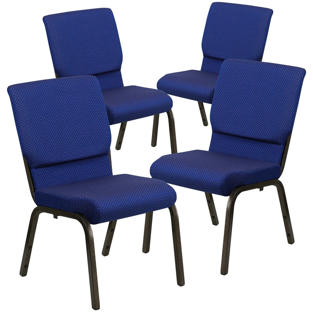 4 Pk. 18.5''W Navy Blue Patterned Fabric Stacking Church Chair - Gold Vein Frame. Picture 1