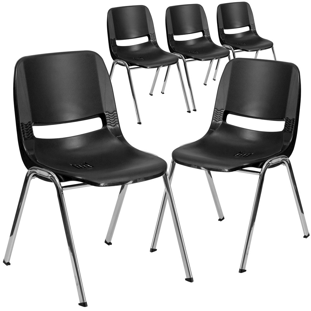 5 Pk. 440 lb. Capacity Black Ergonomic Shell Stack Chair with Chrome Frame. Picture 1