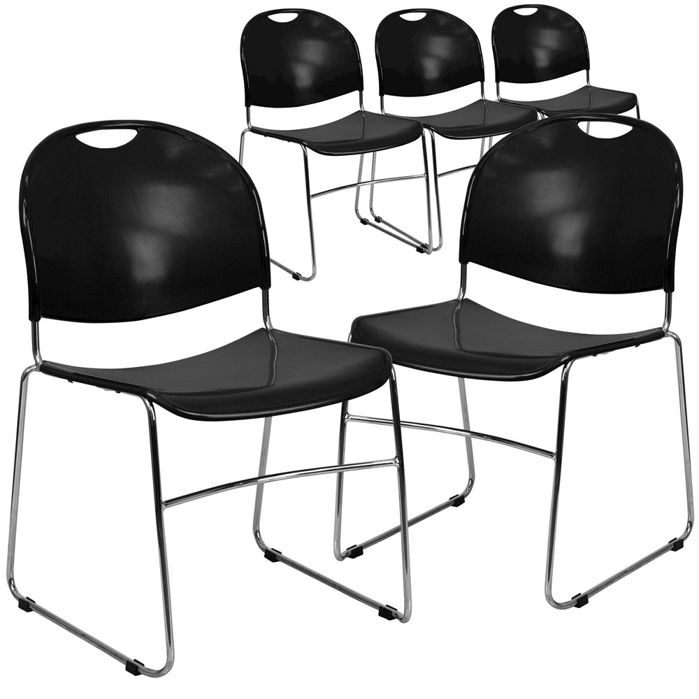5 Pk. 880 lb. Capacity Black Ultra Compact Stack Chair with Chrome Frame. Picture 1