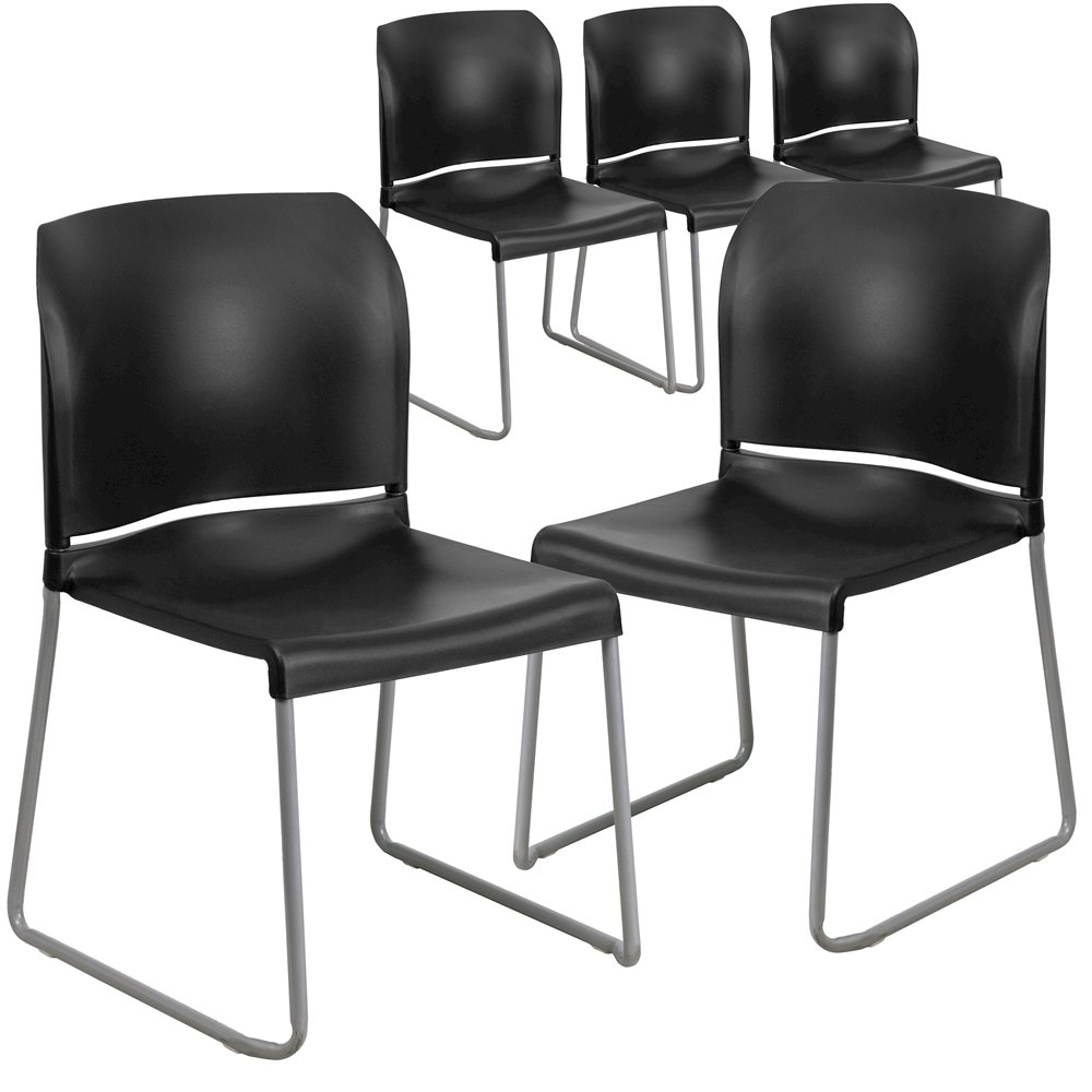 5 Pk. 880 lb. Capacity Black Full Back Contoured Stack Chair with Sled Base. Picture 1