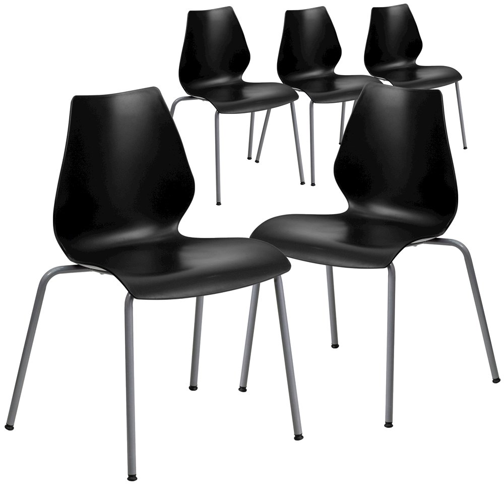 5 Pk. 770 lb. Capacity Black Stack Chair with Lumbar Support and Silver Frame. Picture 1