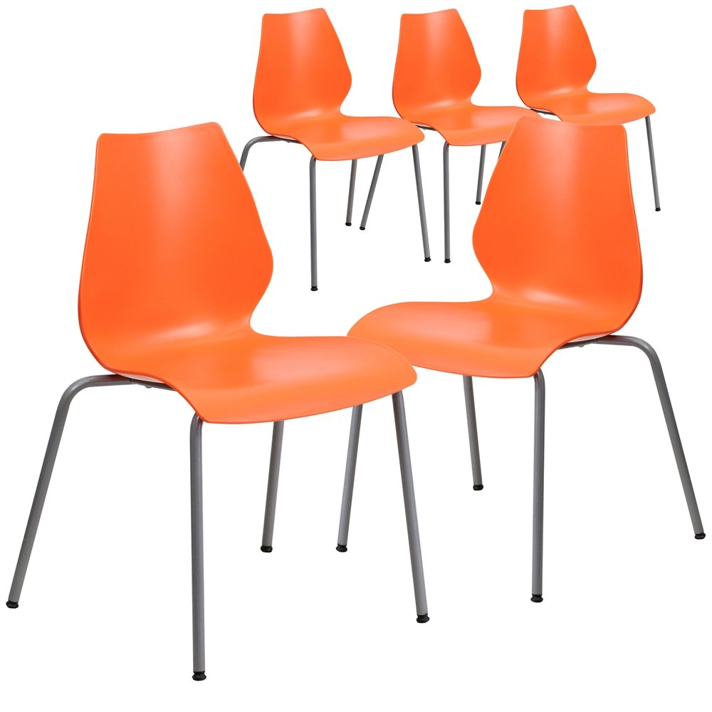 5 Pk. 770 lb. Capacity Orange Stack Chair with Lumbar Support and Silver Frame. Picture 1