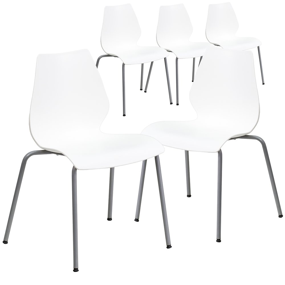 5 Pk. 770 lb. Capacity White Stack Chair with Lumbar Support and Silver Frame. Picture 1
