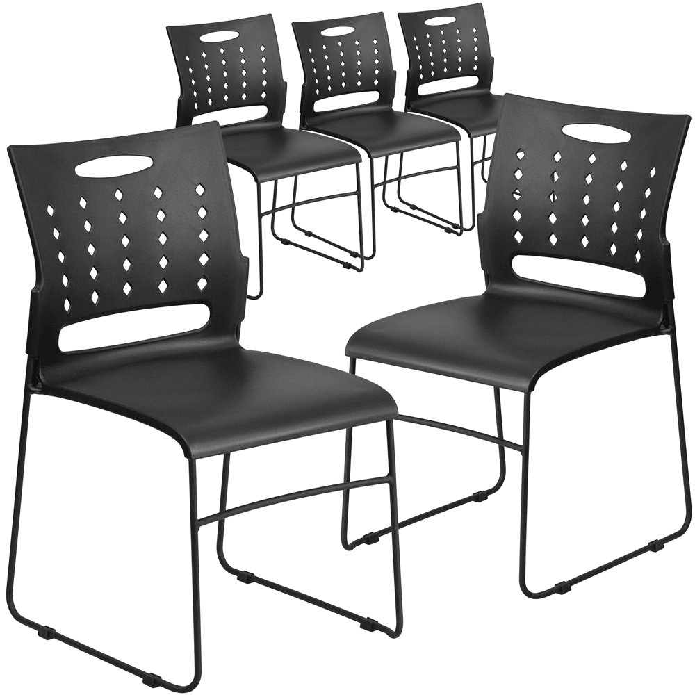 5 Pk. 881 lb. Capacity Black Sled Base Stack Chair with Air-Vent Back. Picture 1