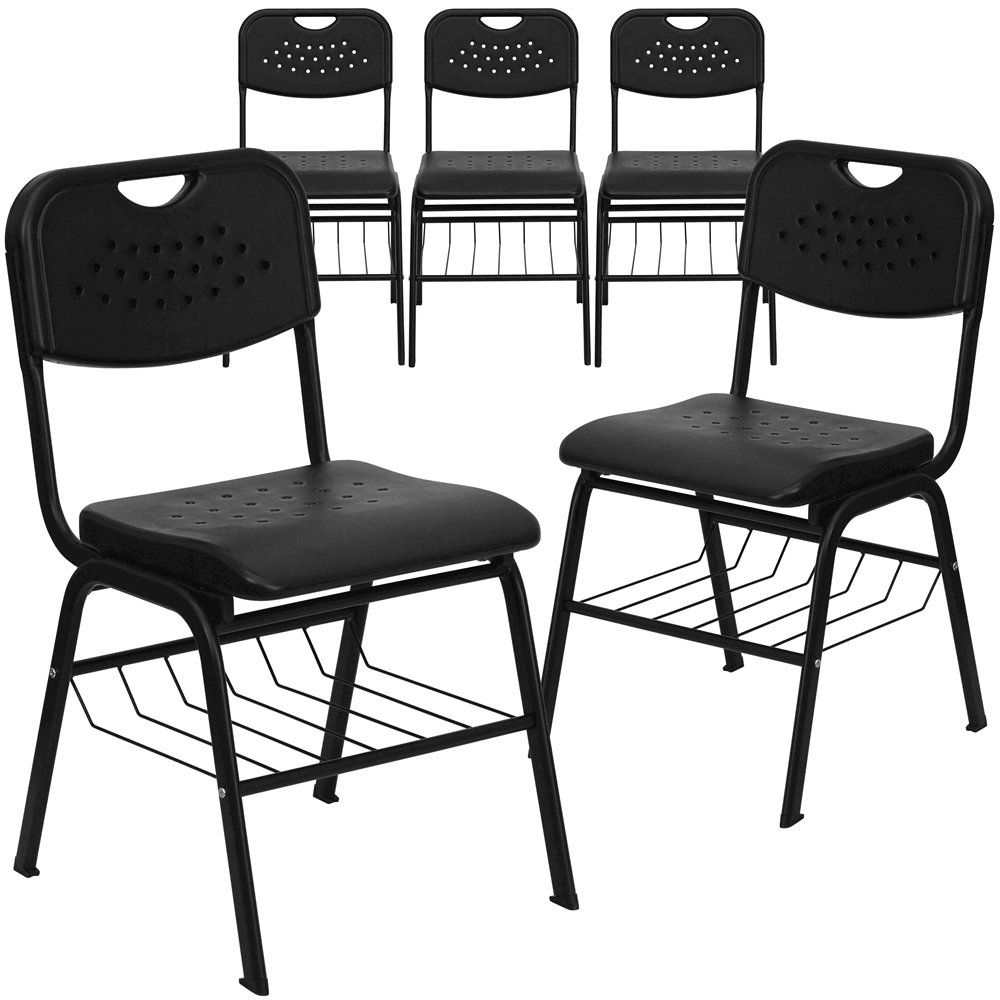 5 Pk. 880 lb. Capacity Black Plastic Chair with Black Frame and Book Basket. Picture 1