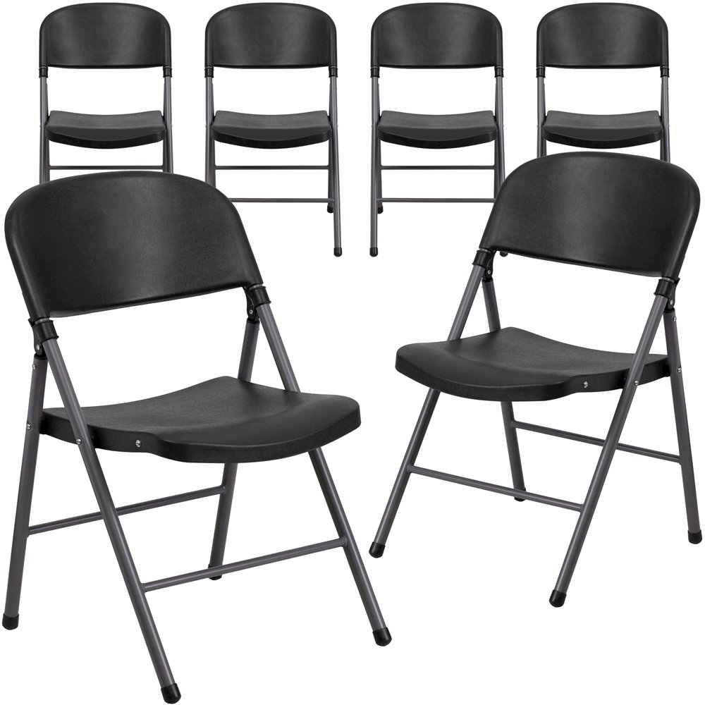 6 Pk. 330 lb. Capacity Black Plastic Folding Chair with Charcoal Frame. Picture 1