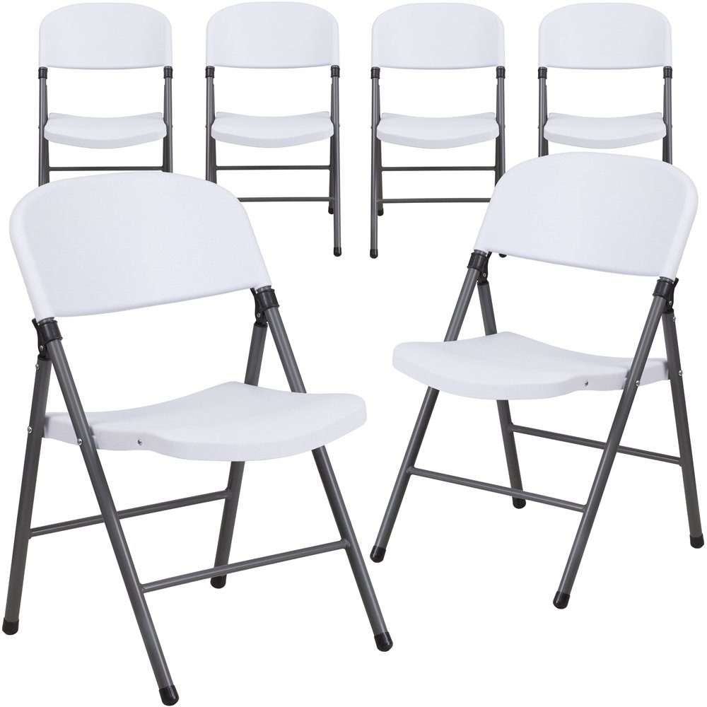6 Pk. 330 lb. Capacity White Plastic Folding Chair with Charcoal Frame. Picture 1