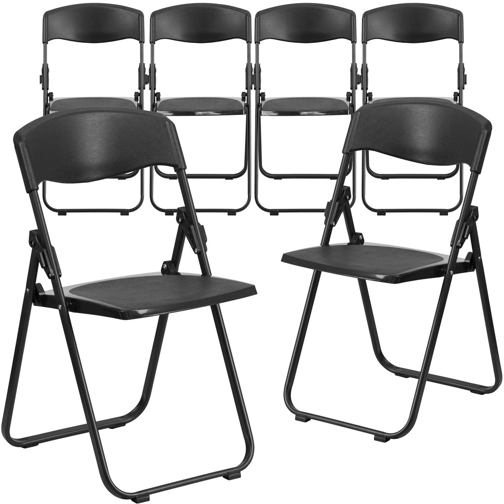 6 Pk. 880 lb. Capacity Black Plastic Folding Chair with Ganging Brackets. Picture 1