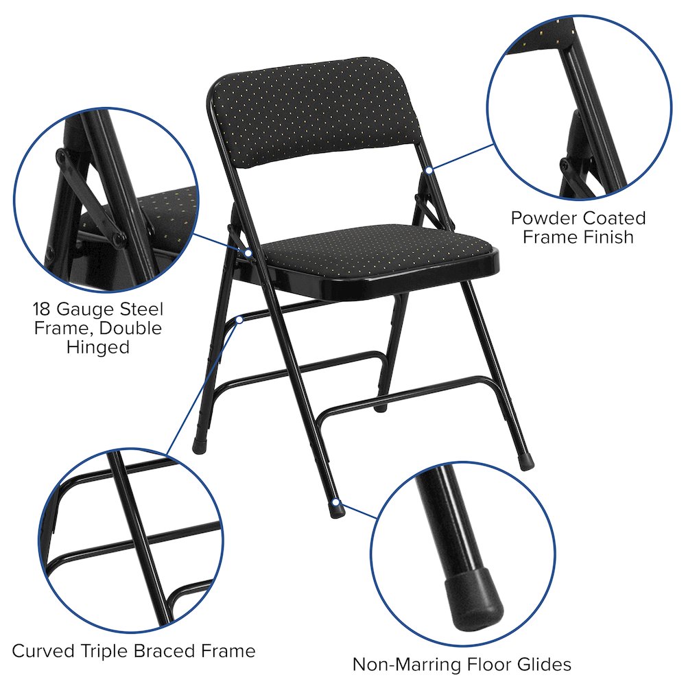 2 Pack Triple Braced & Double Hinged Black Patterned Fabric Metal Folding Chair. Picture 6