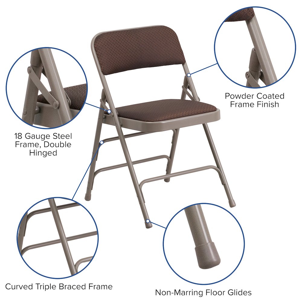 Curved Triple Braced & Double Hinged Brown Patterned Fabric Metal Folding Chair. Picture 6