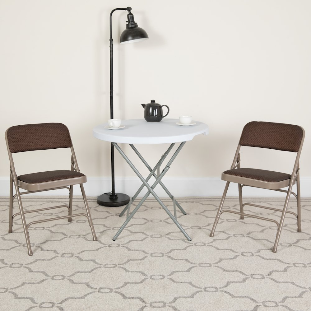 Curved Triple Braced & Double Hinged Brown Patterned Fabric Metal Folding Chair. Picture 7