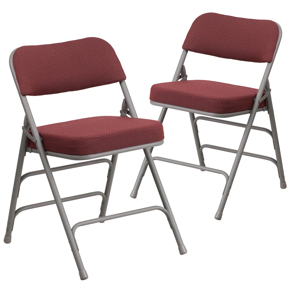 2 Pack Curved Triple Braced & Double Hinged Burgundy Fabric Metal Folding Chair. Picture 3