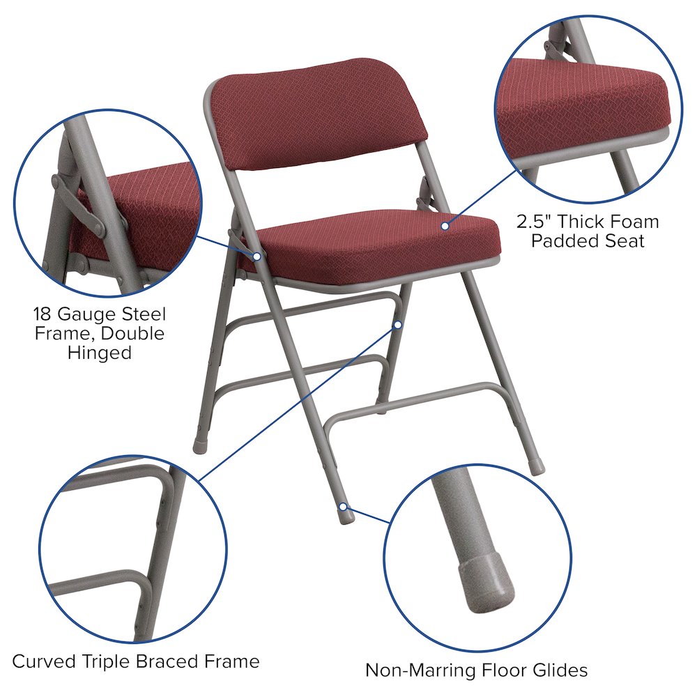 2 Pack Curved Triple Braced & Double Hinged Burgundy Fabric Metal Folding Chair. Picture 6