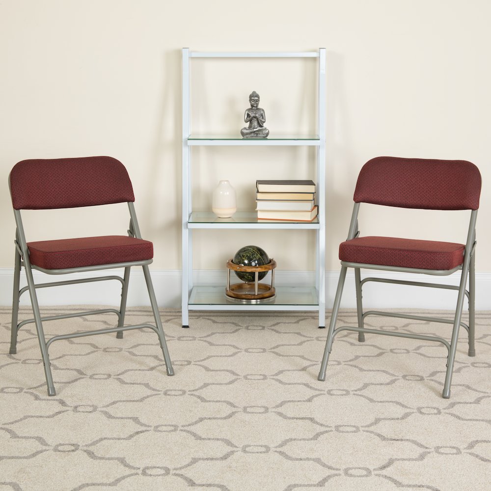 2 Pack Curved Triple Braced & Double Hinged Burgundy Fabric Metal Folding Chair. Picture 2
