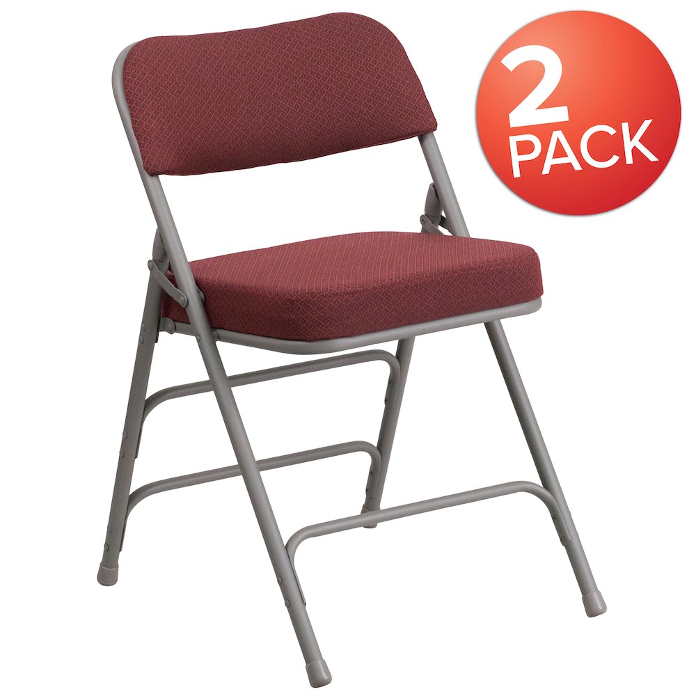 2 Pack Curved Triple Braced & Double Hinged Burgundy Fabric Metal Folding Chair. Picture 1