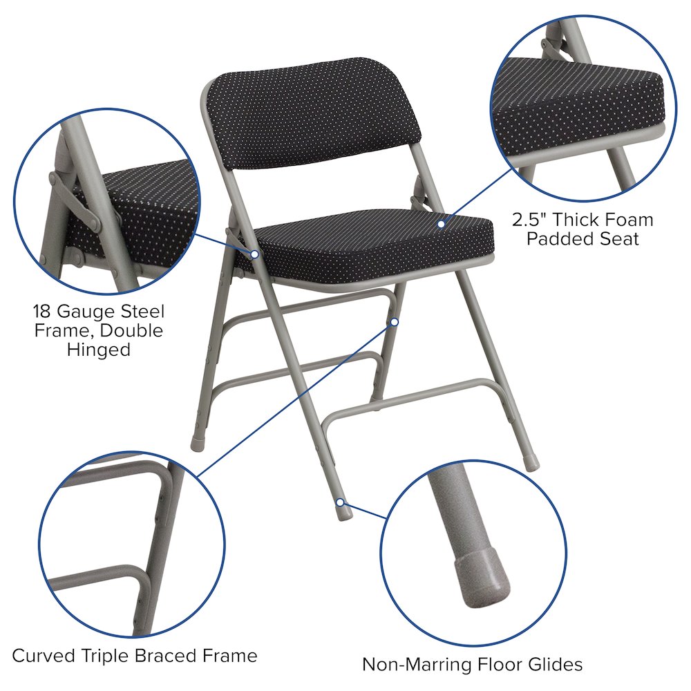 2 Pack Triple Braced & Double Hinged Black Pin-Dot Fabric Metal Folding Chair. Picture 5