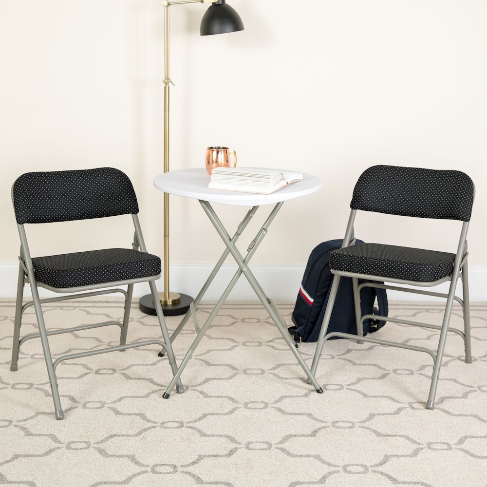 2 Pack Triple Braced & Double Hinged Black Pin-Dot Fabric Metal Folding Chair. Picture 2