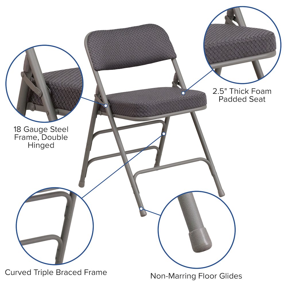 2 Pk. HERCULES Series Premium Curved Triple Braced & Double Hinged Gray Fabric Metal Folding Chair. Picture 6
