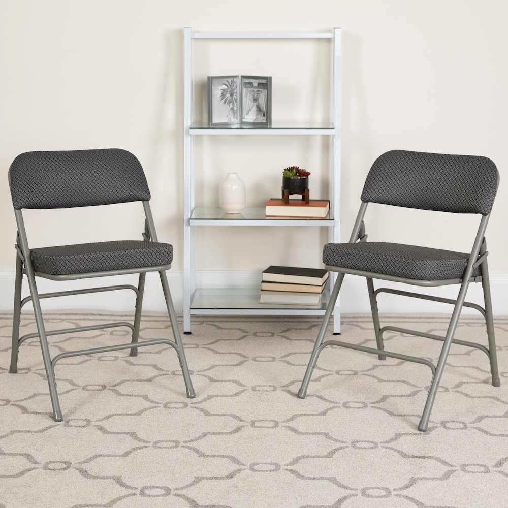 2 Pk. HERCULES Series Premium Curved Triple Braced & Double Hinged Gray Fabric Metal Folding Chair. Picture 2
