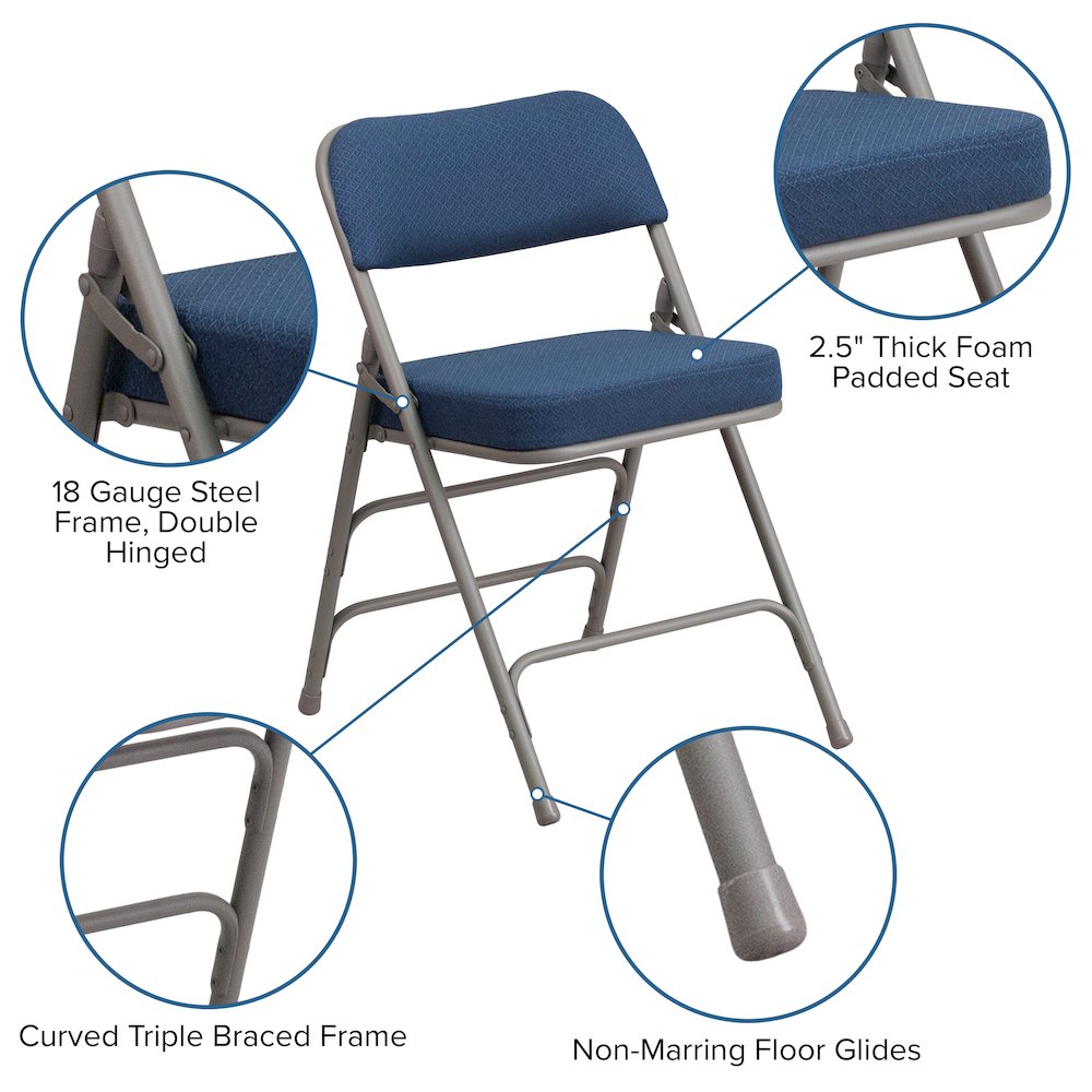 18"W Premium Curved Triple Braced & Double Hinged Navy Fabric Metal Folding Chair. Picture 6