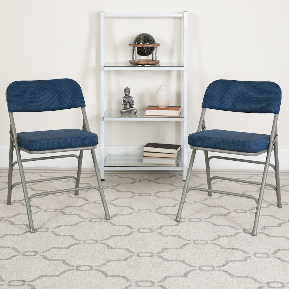18"W Premium Curved Triple Braced & Double Hinged Navy Fabric Metal Folding Chair. Picture 7