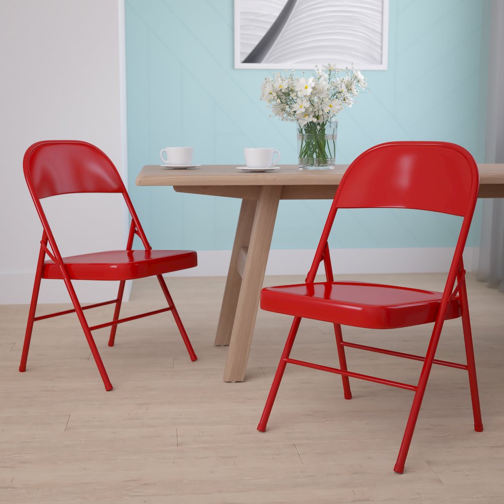 2 Pack Double Braced Red Metal Folding Chair. Picture 2