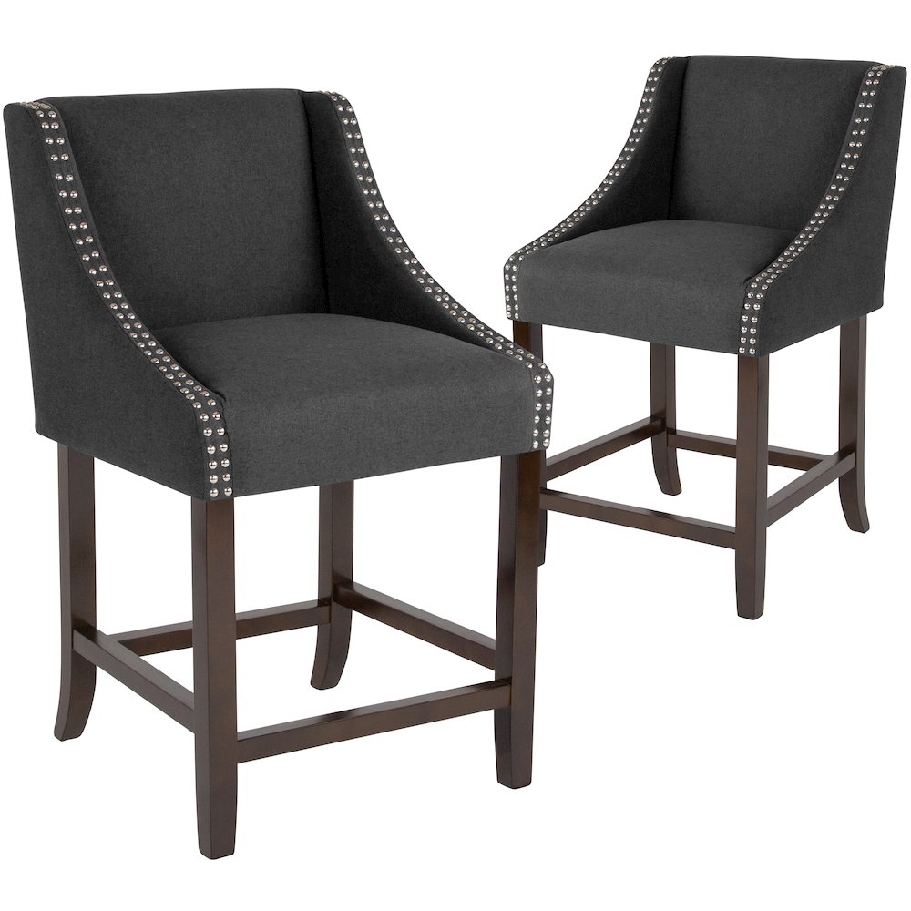 24" High Walnut Counter Height Stool with Nail Trim in Charcoal Fabric, Set of 2. Picture 3