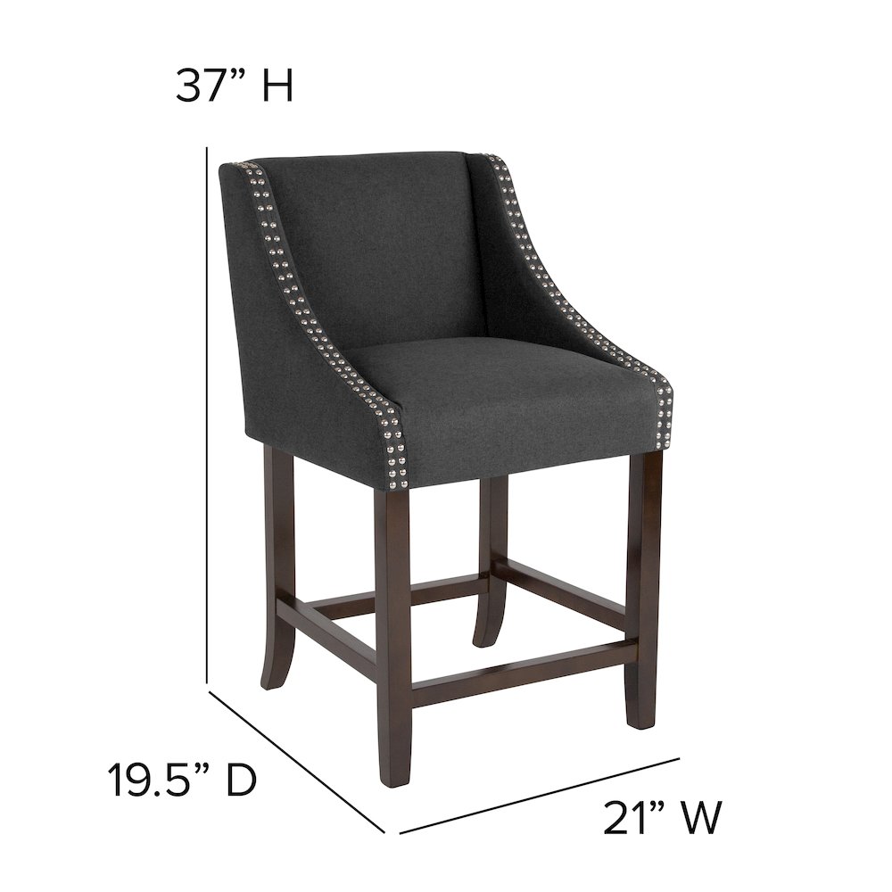 24" High Walnut Counter Height Stool with Nail Trim in Charcoal Fabric, Set of 2. Picture 7