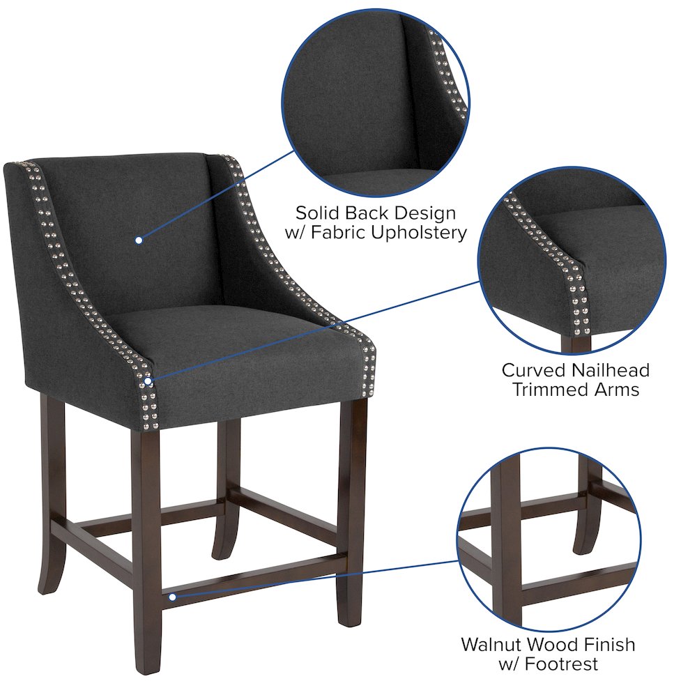 24" High Walnut Counter Height Stool with Nail Trim in Charcoal Fabric, Set of 2. Picture 6
