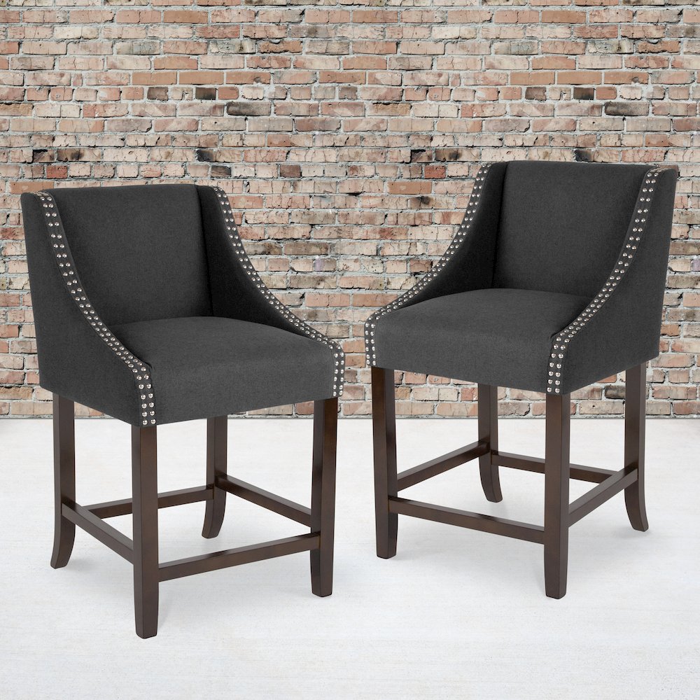24" High Walnut Counter Height Stool with Nail Trim in Charcoal Fabric, Set of 2. Picture 2