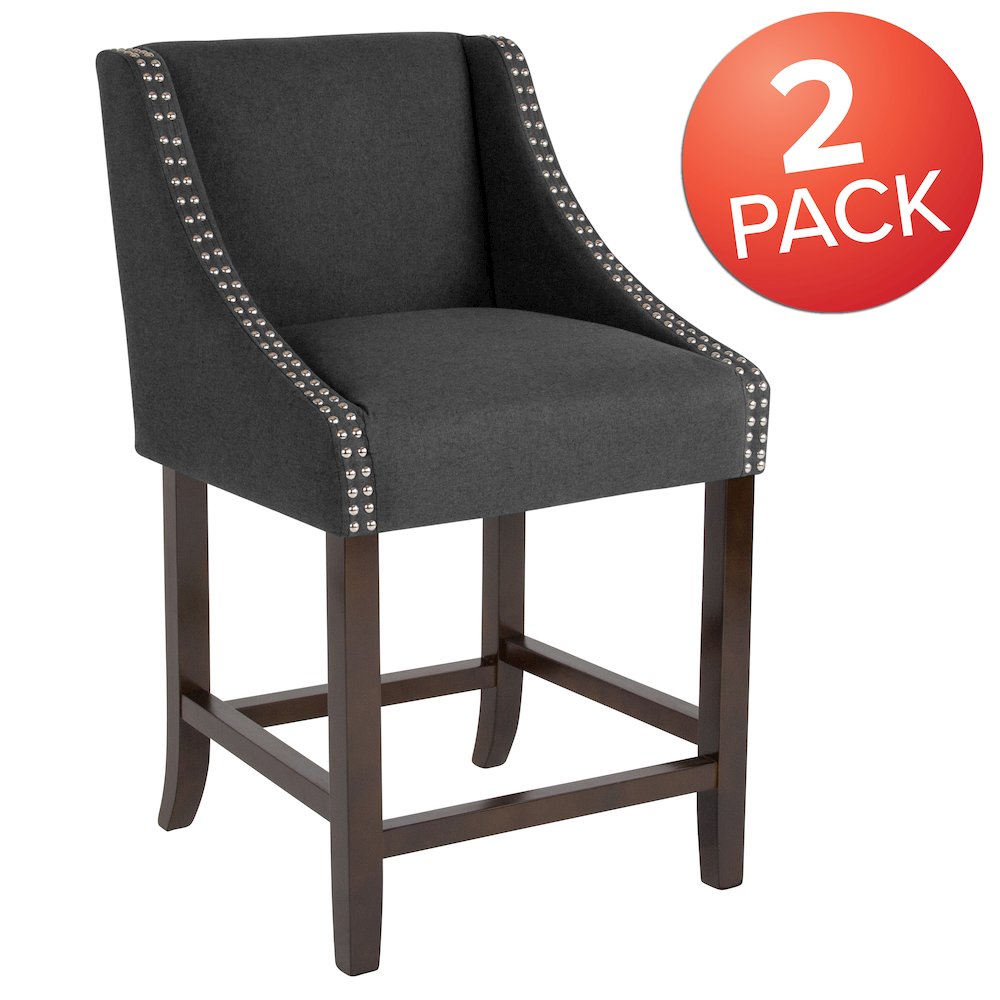 24" High Walnut Counter Height Stool with Nail Trim in Charcoal Fabric, Set of 2. Picture 1