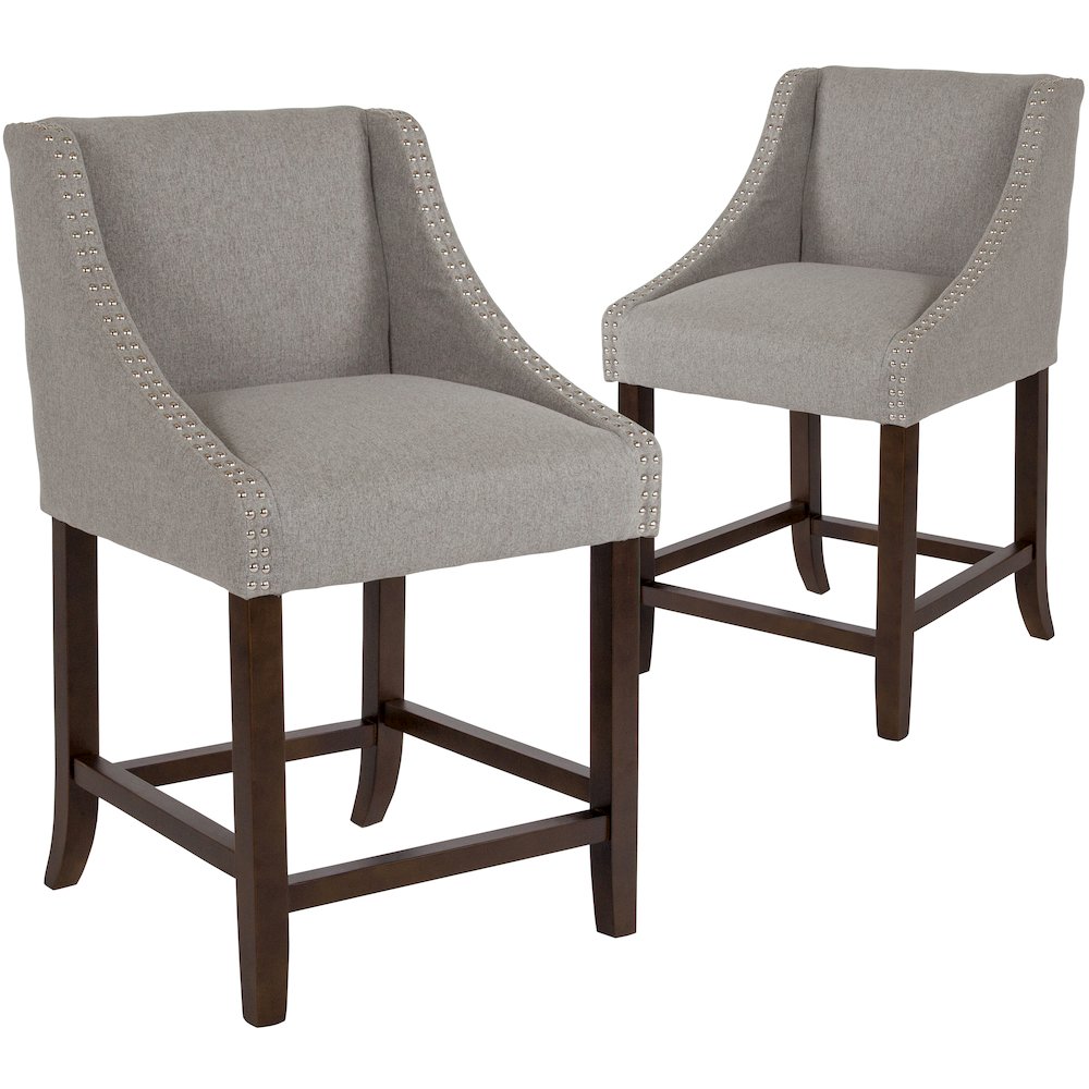 24" High Walnut Counter Height Stool in Light Gray Fabric, Set of 2. Picture 3
