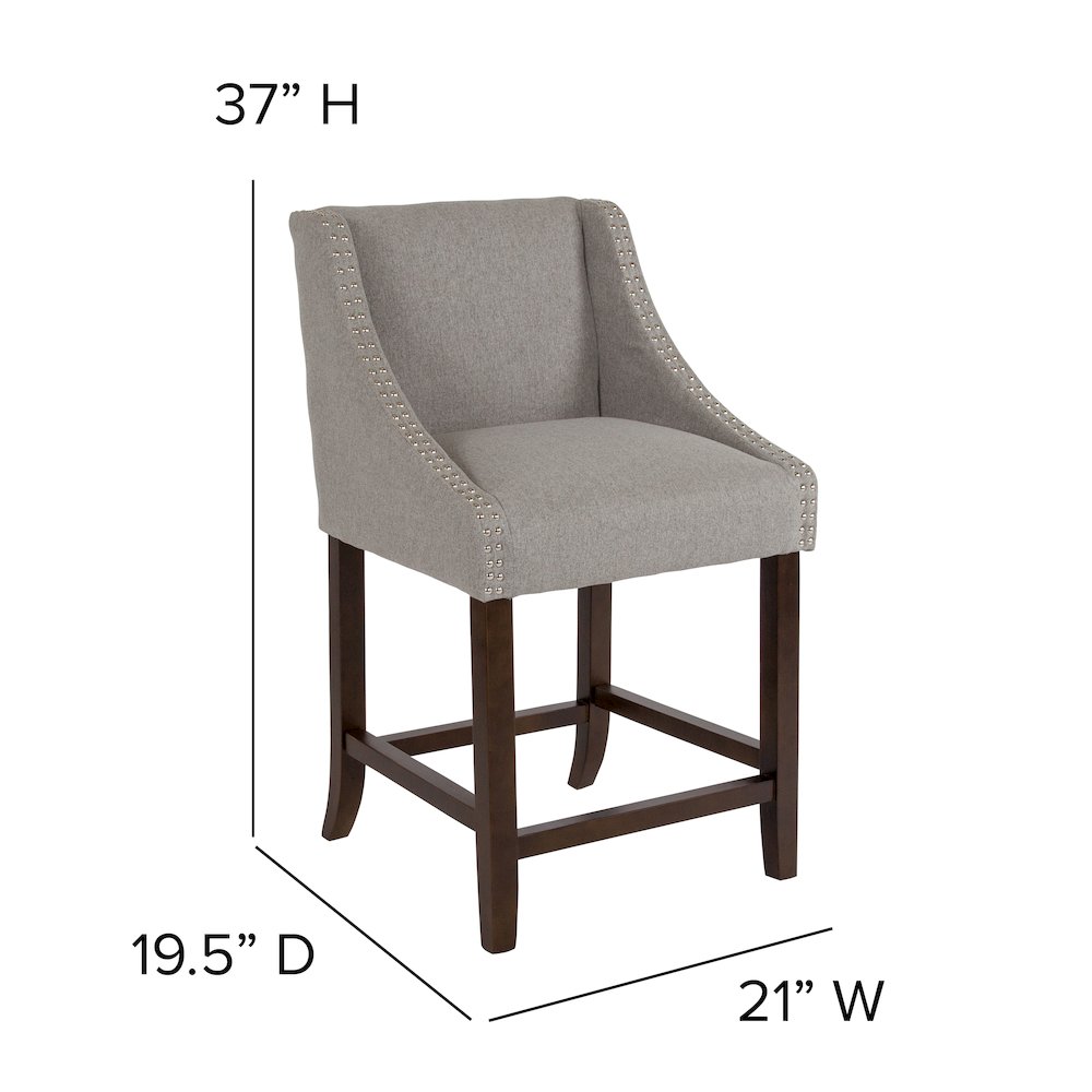24" High Walnut Counter Height Stool in Light Gray Fabric, Set of 2. Picture 7