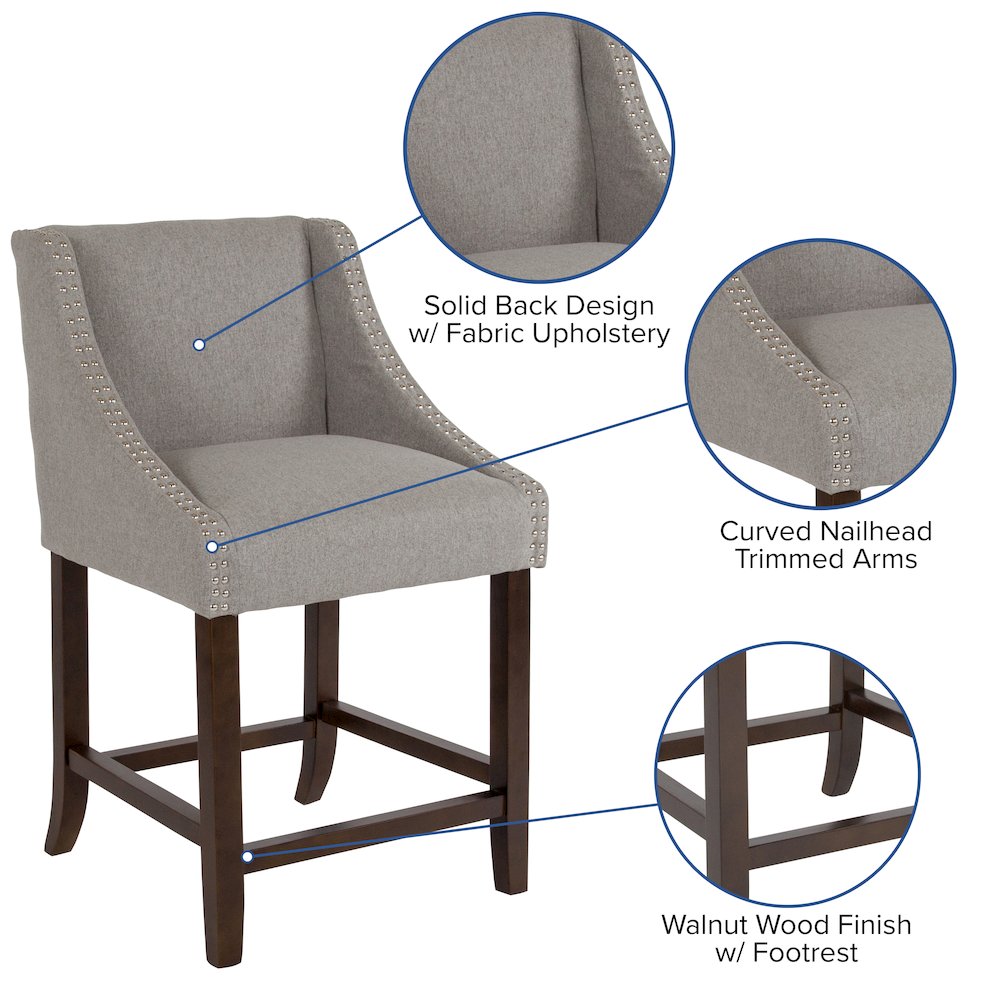 24" High Walnut Counter Height Stool in Light Gray Fabric, Set of 2. Picture 6