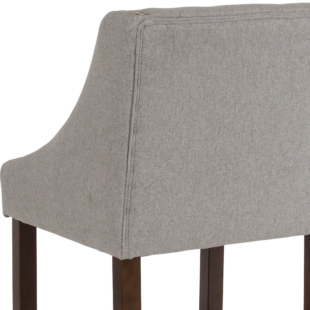 24" High Walnut Counter Height Stool in Light Gray Fabric, Set of 2. Picture 9