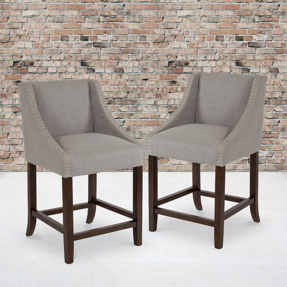 24" High Walnut Counter Height Stool in Light Gray Fabric, Set of 2. Picture 2