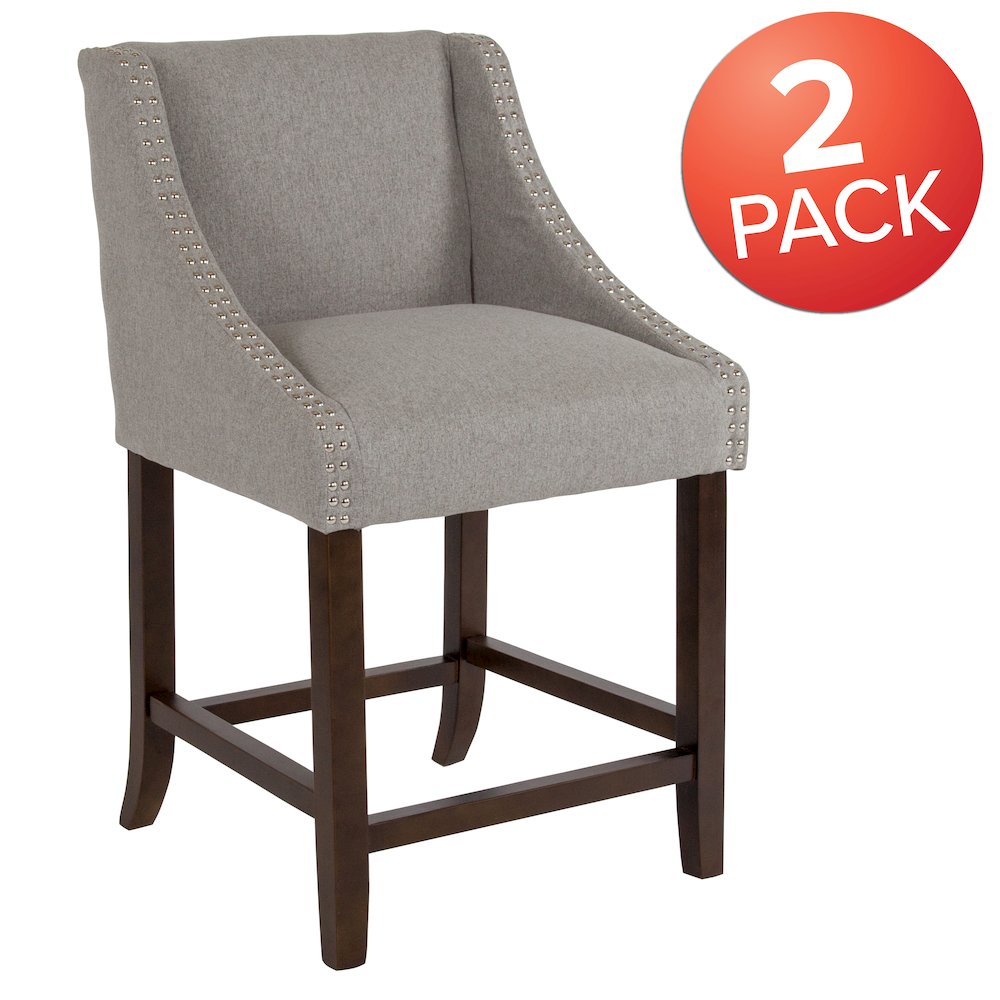 24" High Walnut Counter Height Stool in Light Gray Fabric, Set of 2. Picture 1